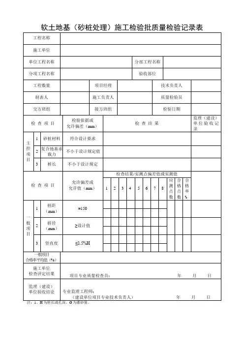 软土地基(砂桩处理)施工检验批质量检验记录表