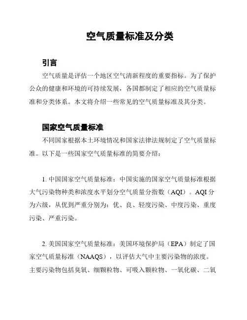 空气质量标准及分类
