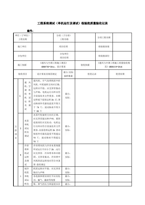 工程系统调试(单机运行及调试)检验批质量验收记录