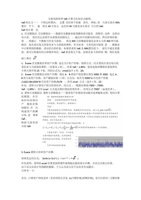 全面风险管理VaR计算方法知识点梳理