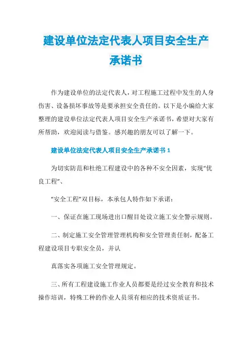 建设单位法定代表人项目安全生产承诺书