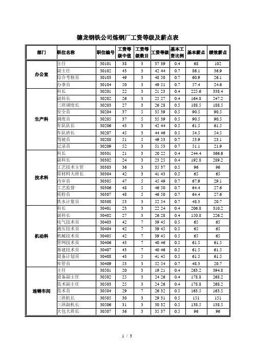 炼钢厂工资等级及薪点表