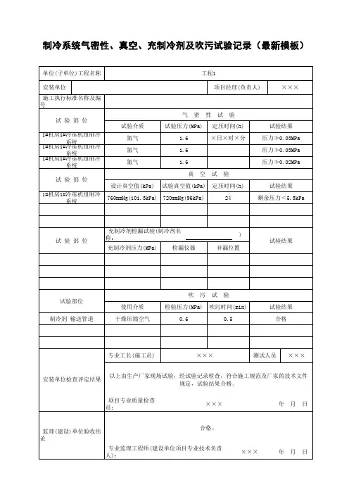 制冷系统气密性、真空、充制冷剂及吹污试验记录(最新模板)