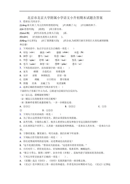 北京市北京大学附属小学语文小升初期末试题含答案