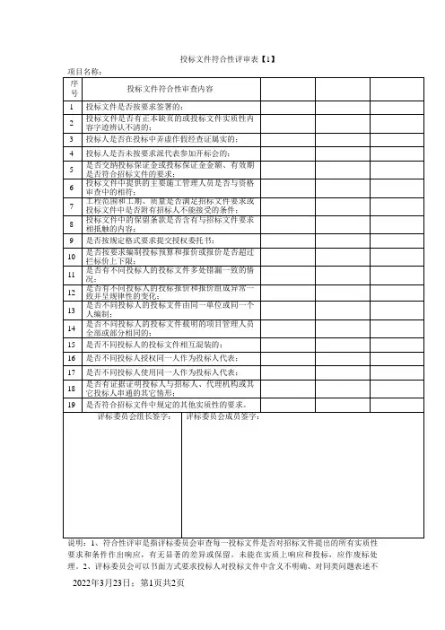 投标文件符合性评审表
