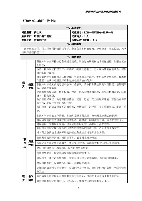 肝胆外科二病区护理岗位说明书(2021年5月修订)