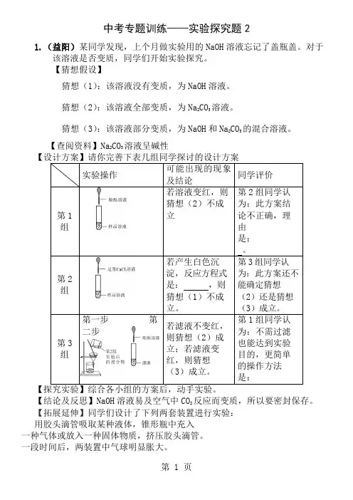 中考化学专项训练实验探究题219道题含参考答案