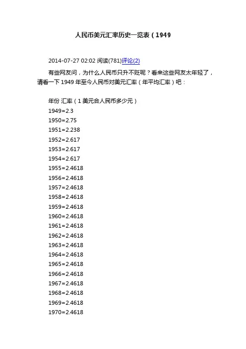 人民币美元汇率历史一览表（1949