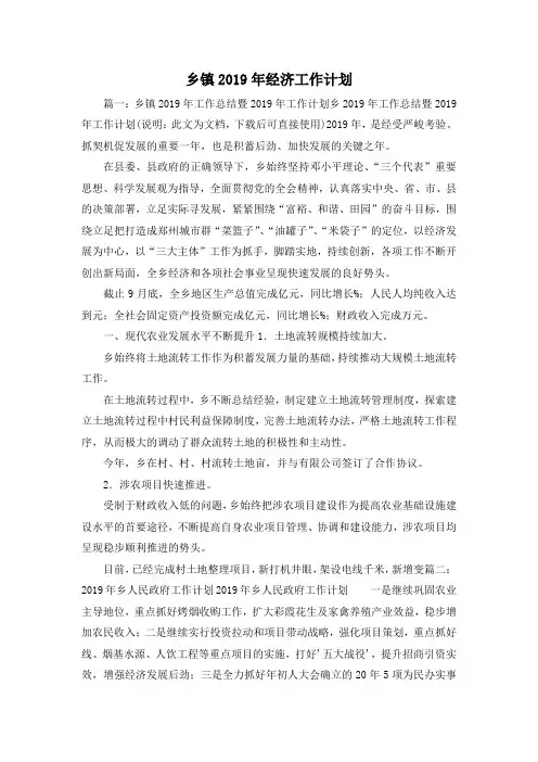 工作计划-乡镇2019年经济工作计划02019 精品