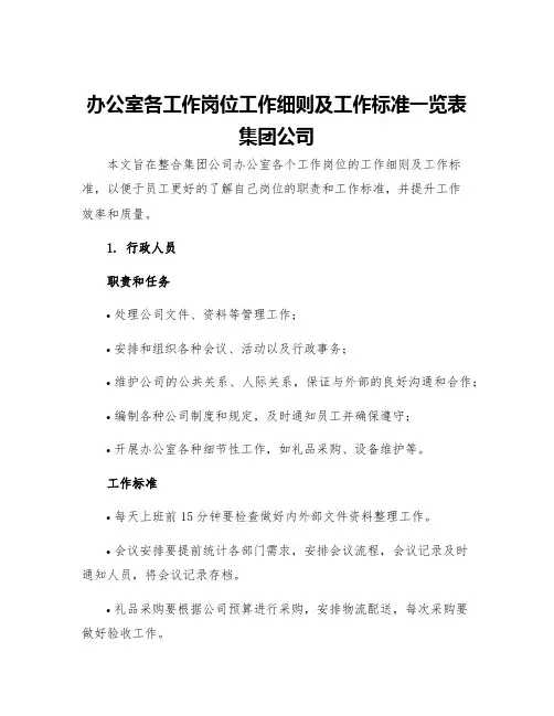 办公室各工作岗位工作细则及工作标准一览表集团公司