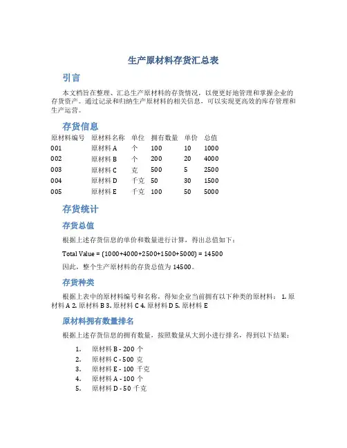 生产原材料存货汇总表