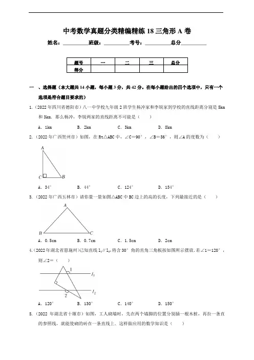 中考数学真题分类精编精练18三角形A卷(含解析)