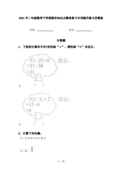 2021年二年级数学下学期期末知识点整理复习专项提升练习苏教版