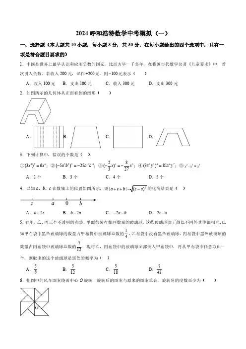 内蒙古呼和浩特市2024年中考数学模拟试卷(一)(含解析)