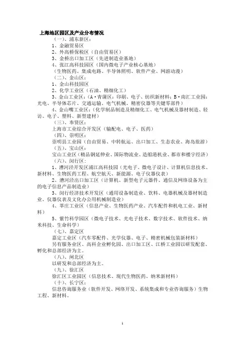 上海地区园区及产业分布情况