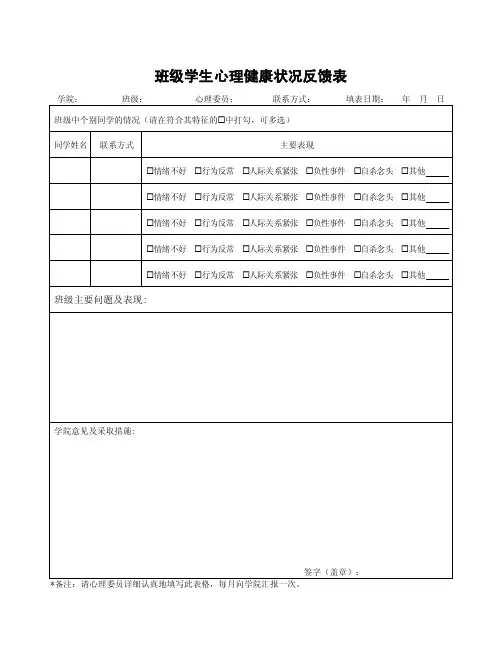 班级学生心理健康状况反馈表（精品）