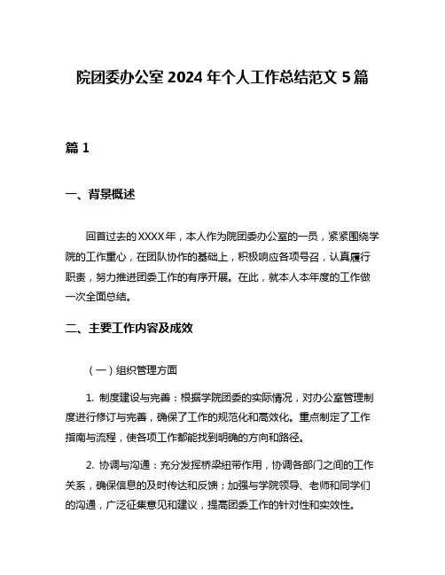 院团委办公室2024年个人工作总结范文5篇
