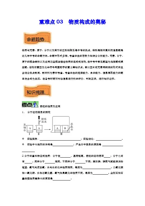 重难点03 物质构成的奥秘-【考场点兵 专训】中考化学热点-重点-难点专训(原卷及答案)