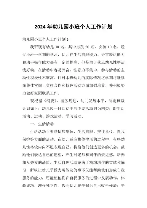 2024年幼儿园小班个人工作计划