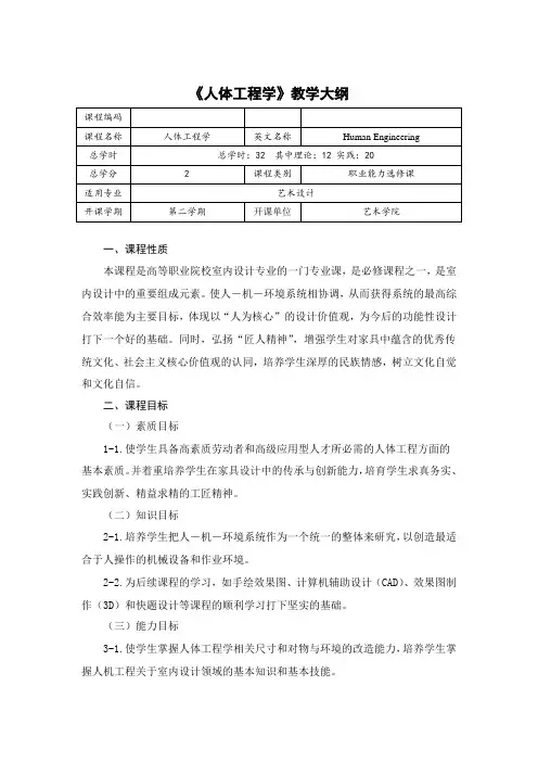 《人体工程学》教学大纲2022