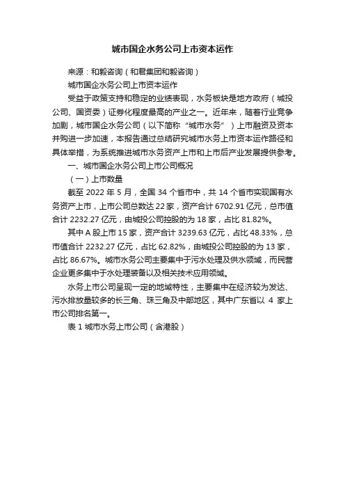 城市国企水务公司上市资本运作