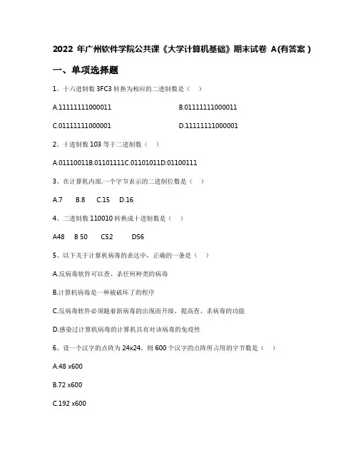 2022年广州软件学院公共课《大学计算机基础》期末试卷A(有答案)