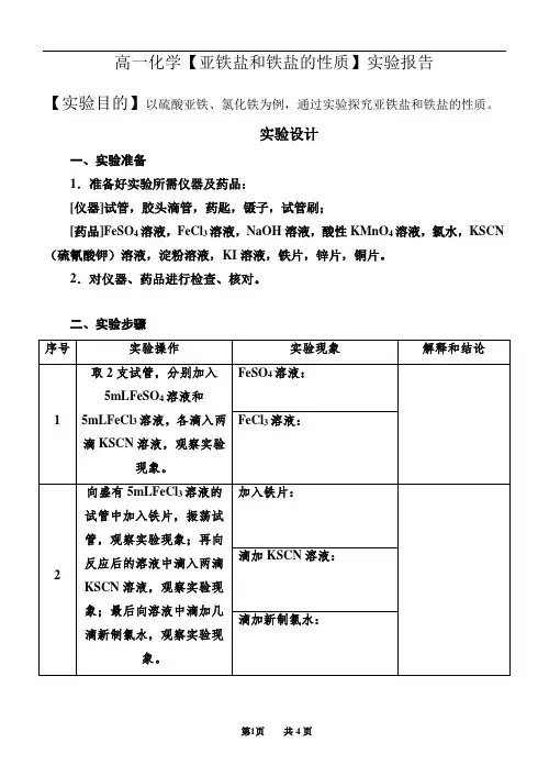 高一化学【亚铁盐和铁盐的性质】实验报告