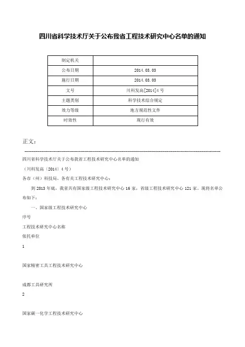 四川省科学技术厅关于公布我省工程技术研究中心名单的通知-川科发高[2014]4号