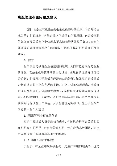 班组管理存在问题及建议精选资料