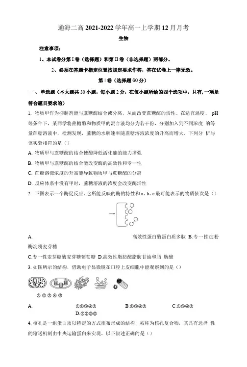云南省玉溪市通海二高2021-2022学年高一上学期12月月考生物试题及答案【完整版】