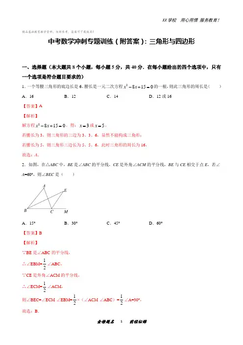 中考数学冲刺专题训练(附答案)：三角形与四边形