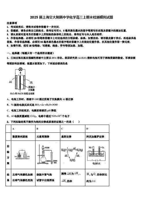 2025届上海交大附属中学化学高三上期末检测模拟试题含解析