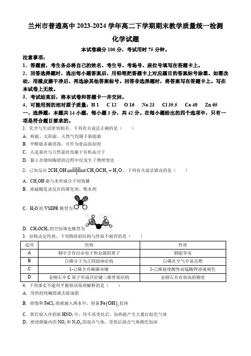 甘肃省兰州市普通高中2023-2024学年高二下学期期末教学质量统一检测化学试题(含答案)