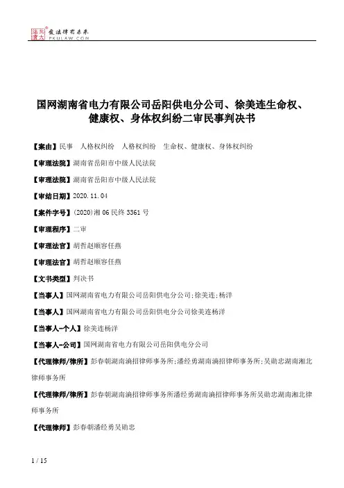 国网湖南省电力有限公司岳阳供电分公司、徐美连生命权、健康权、身体权纠纷二审民事判决书