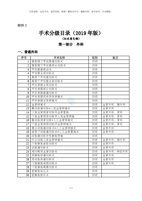 卫生部手术分级分类目录(2019年版)