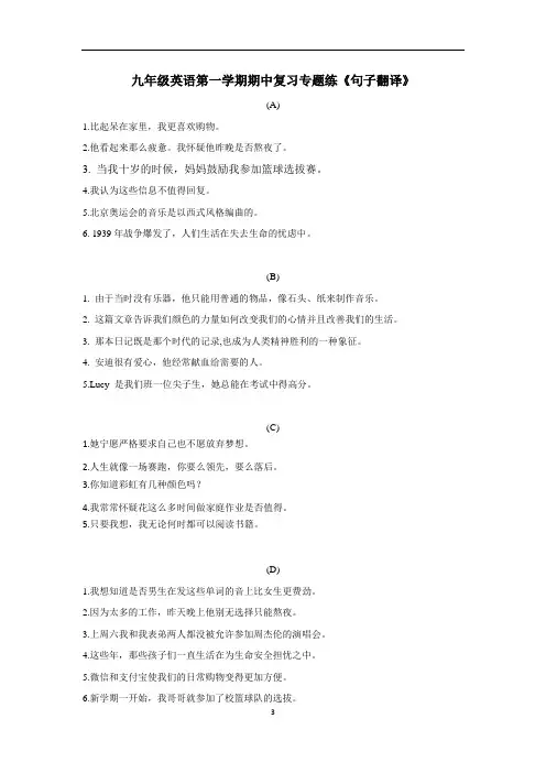 牛津译林版九年级英语第一学期期中复习专题练《翻译句子》