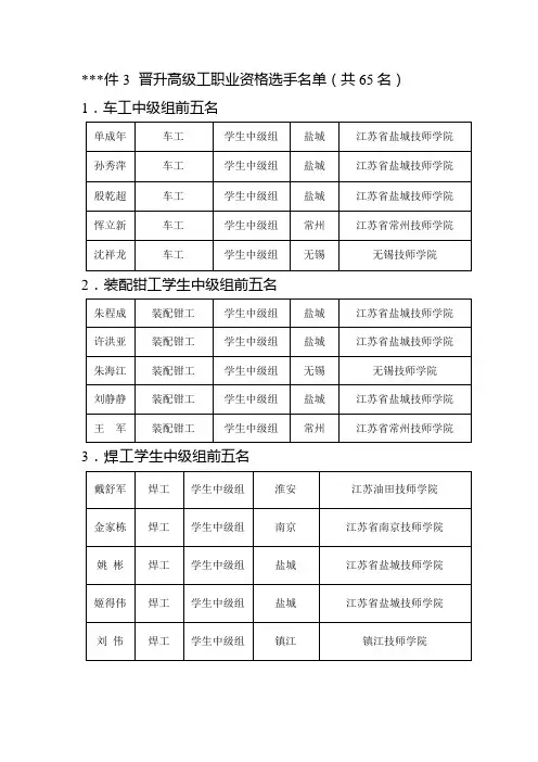 晋升高级工职业资格选手名单【模板】