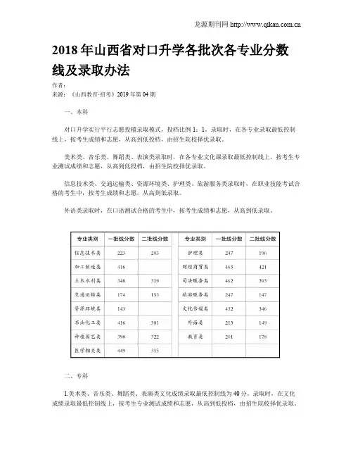 2018年山西省对口升学各批次各专业分数线及录取办法
