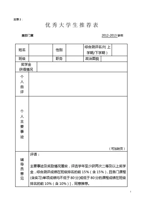 优秀大学生、学生干部、先进集体推荐表(空表)
