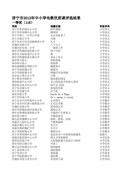 济宁市2012年中小学电教优质课评选结果