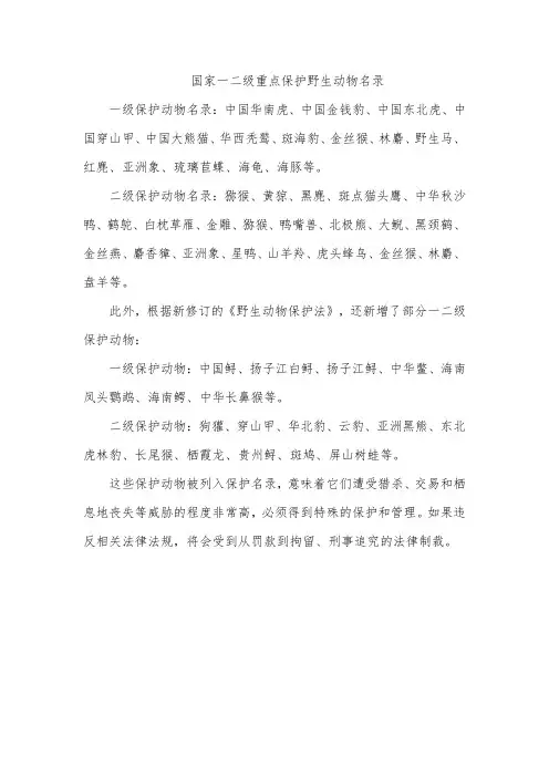国家一二级重点保护野生动物名录