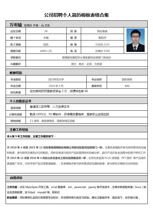 公司招聘个人简历模板表格合集