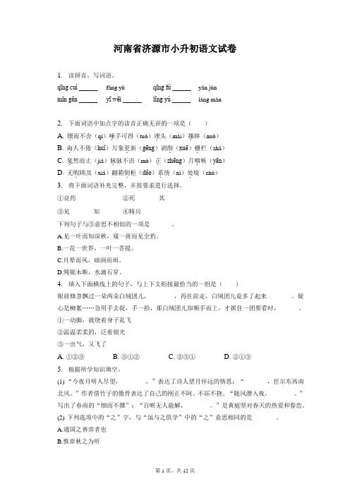 最新整理河南省济源市小升初语文试卷和答案解析