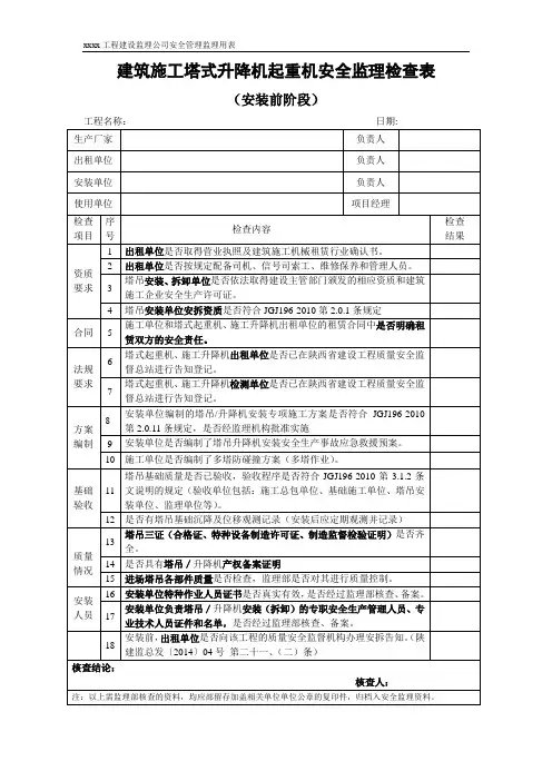 塔吊安全监理检查表
