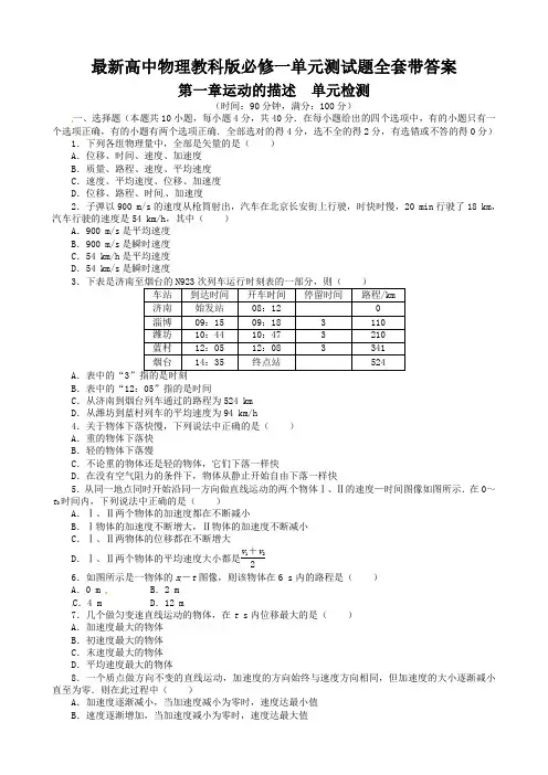 最新高中物理教科版必修一单元测试题全套及答案