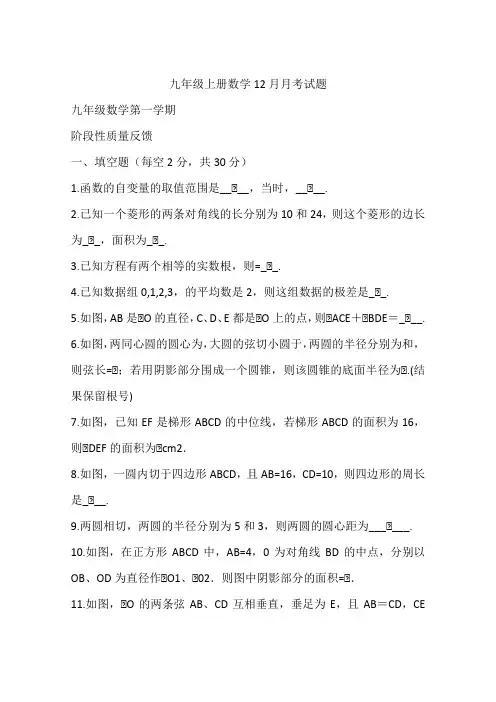 九年级上册数学12月月考试题