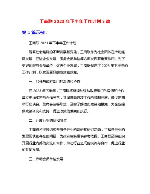 工商联2023年下半年工作计划5篇