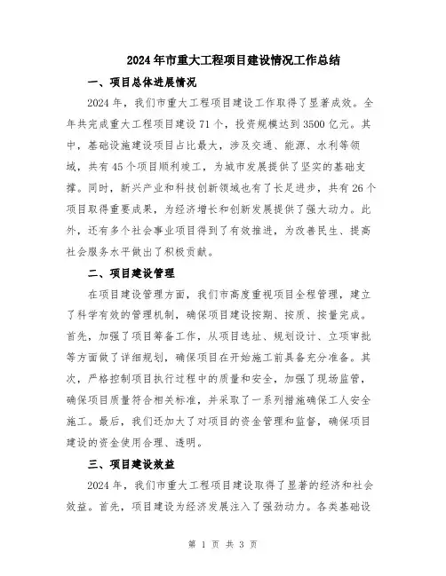 2024年市重大工程项目建设情况工作总结