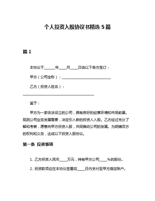 个人投资入股协议书精选5篇
