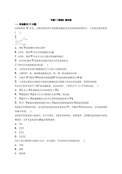 2021年人教版化学中考备考专题复习专题9《溶液》测试卷